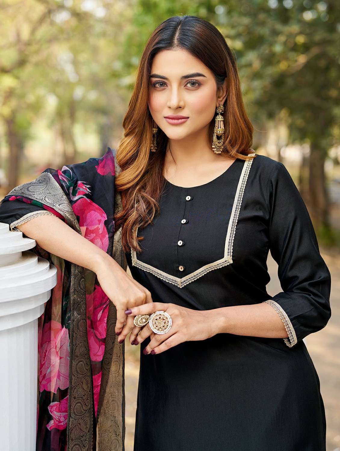 women solid with work three quarter sleeve kurta pant with dupatta set - 22454473 -  Standard Image - 1