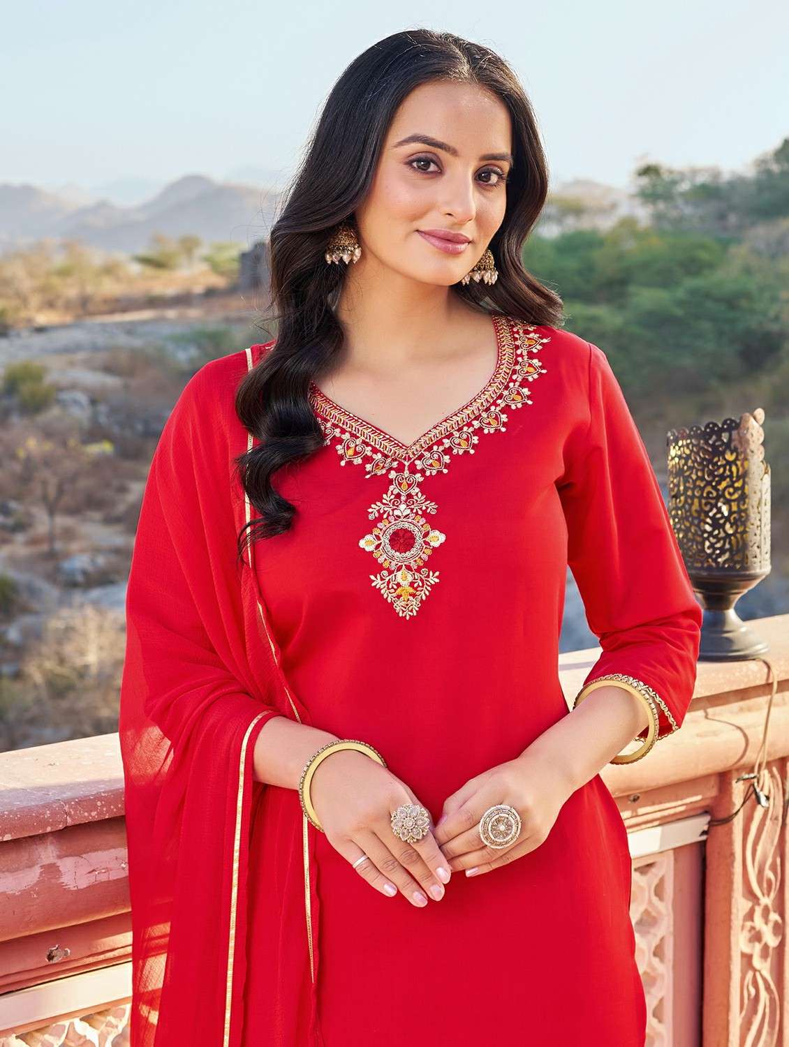 women solid with work three quarter sleeve kurta pant with dupatta set - 22454474 -  Standard Image - 1