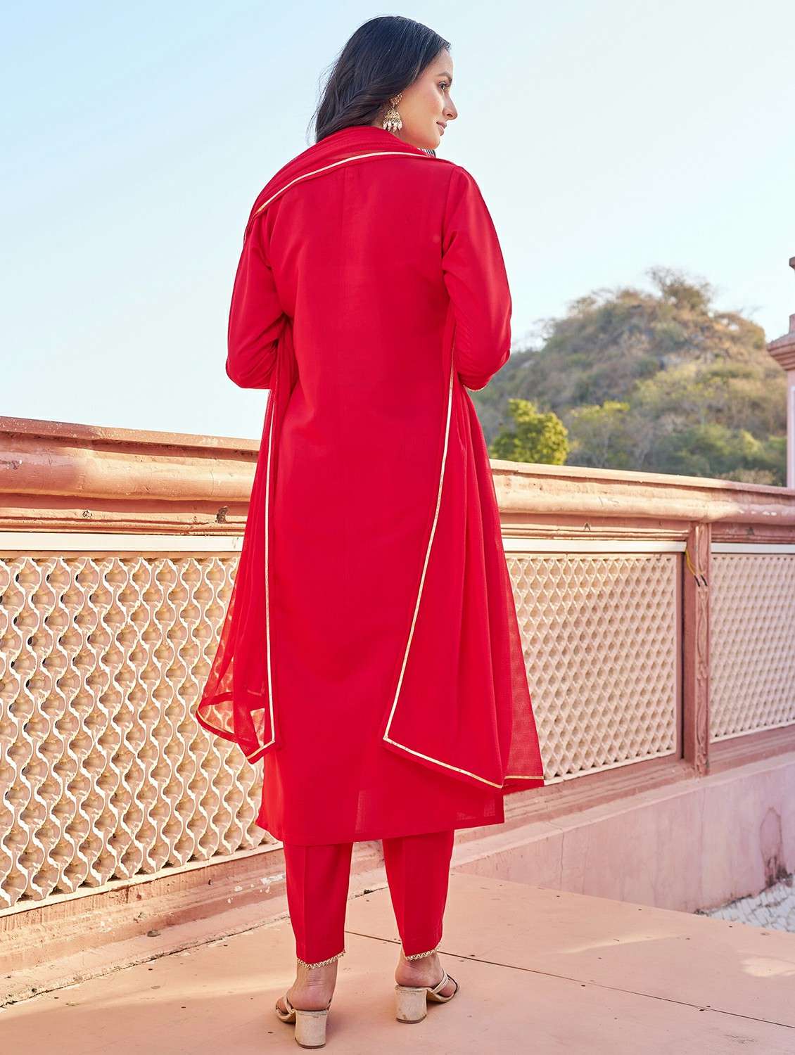 women solid with work three quarter sleeve kurta pant with dupatta set - 22454474 -  Standard Image - 4