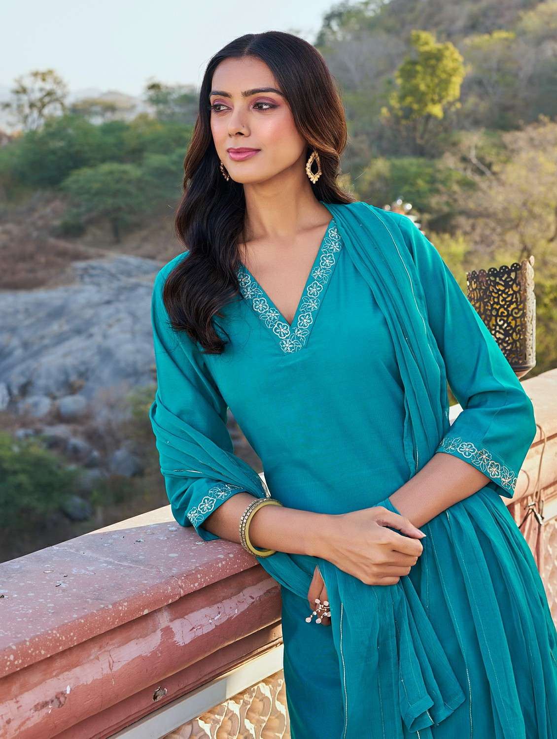 women solid with work three quarter sleeve kurta pant with dupatta set - 22454475 -  Standard Image - 1