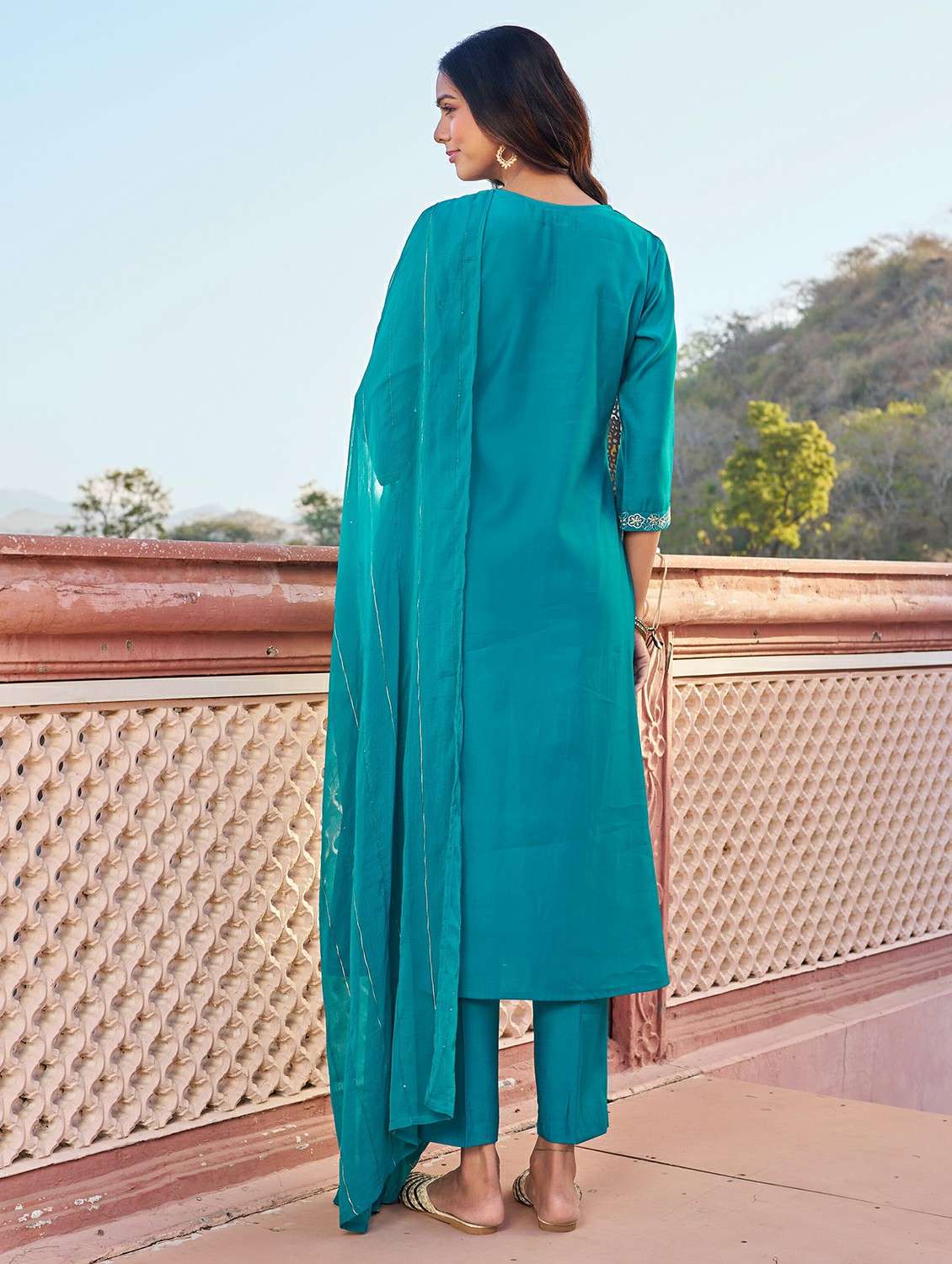 women solid with work three quarter sleeve kurta pant with dupatta set - 22454475 -  Standard Image - 4