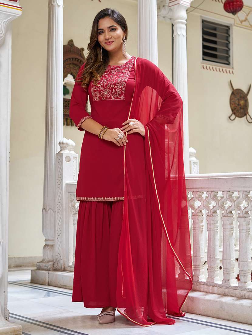 women embroidered three quarter sleeve kurta sharara with dupatta set