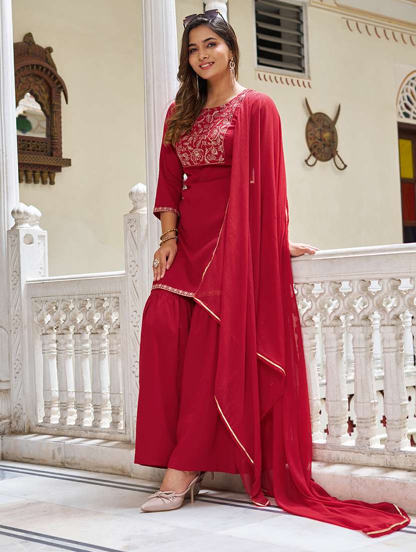 Women Embroidered Three Quarter Sleeve Kurta Sharara With Dupatta Set - 22454494 -  Standard Image - 4