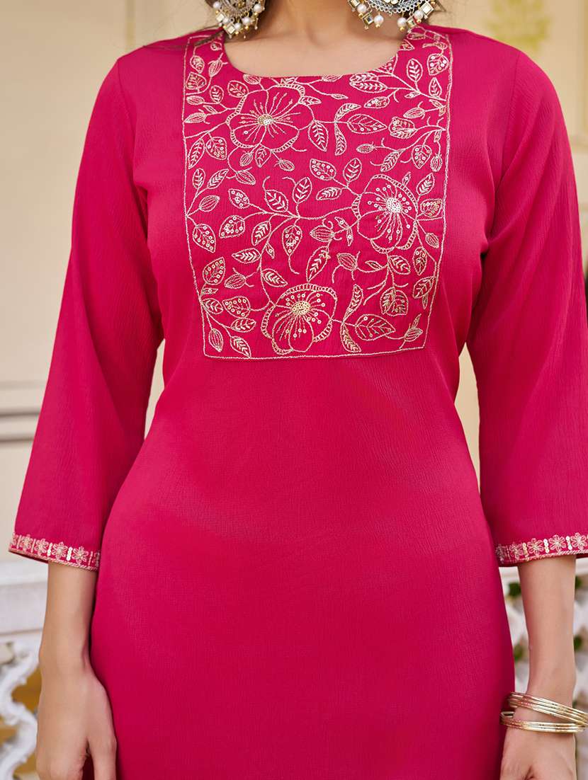 women solid with work three quarter sleeve kurta sharara with dupatta set - 22454496 -  Standard Image - 1