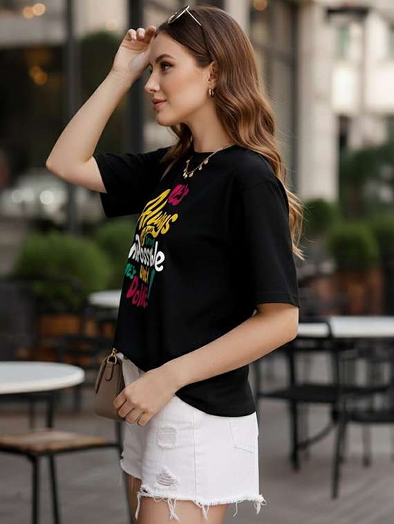 women printed  black cotton blend regular t-shirt - 22454622 -  Standard Image - 1