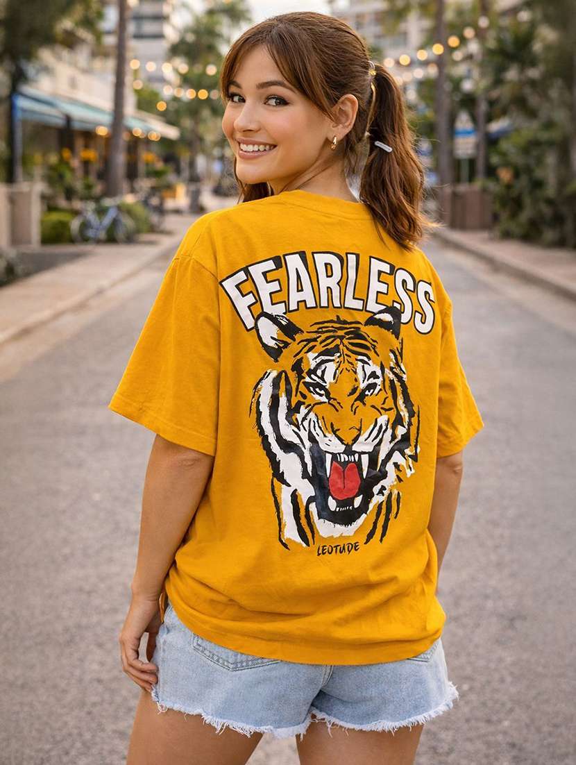 women printed  yellow cotton blend regular t-shirt