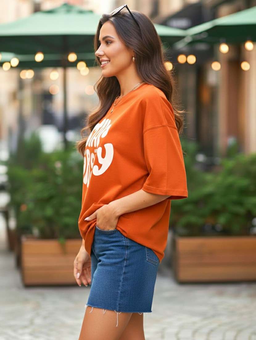 women printed orange cotton blend regular t-shirt - 22454802 -  Standard Image - 1