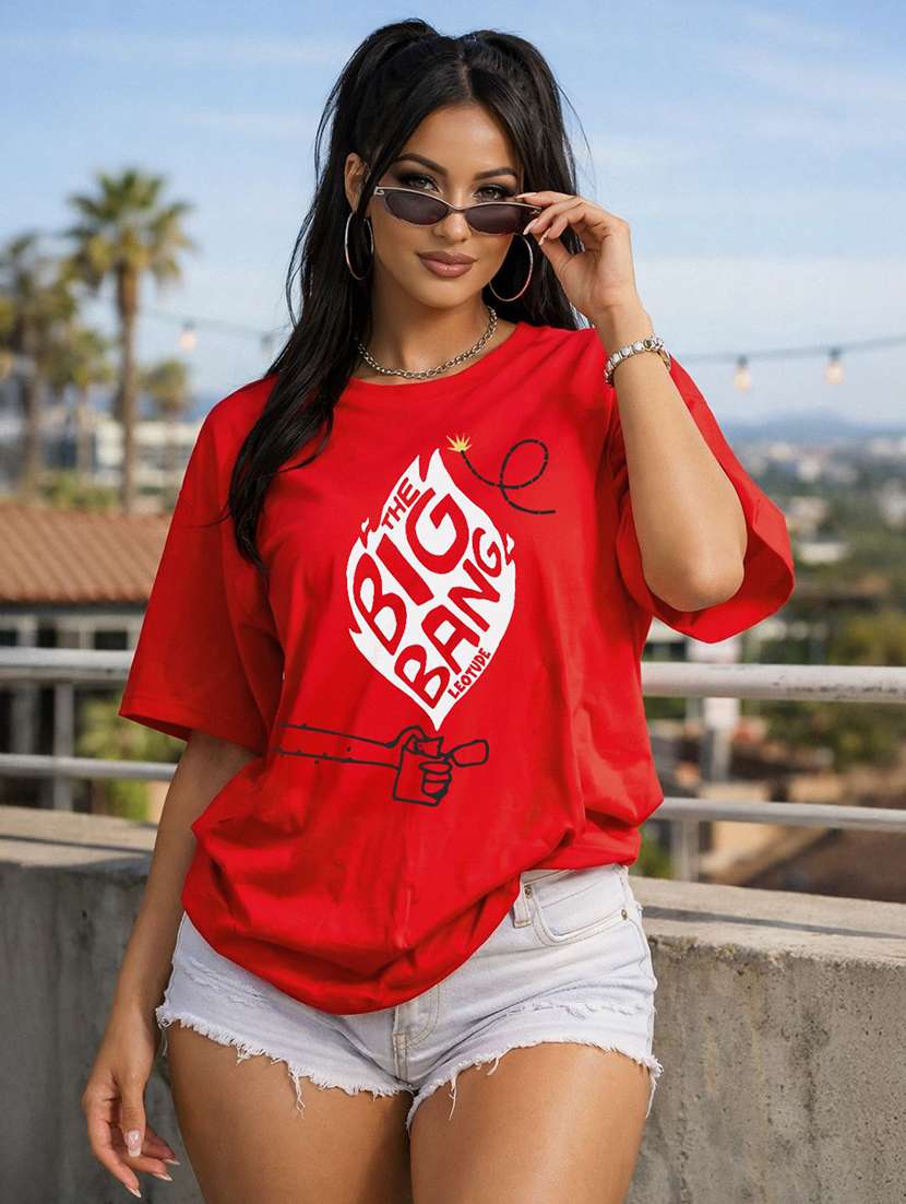 women printed red cotton blend regular t-shirt