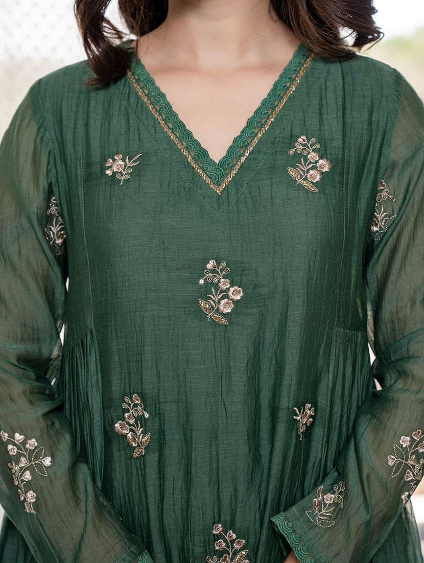 women green chanderi flared kurta - 22455530 -  Standard Image - 1