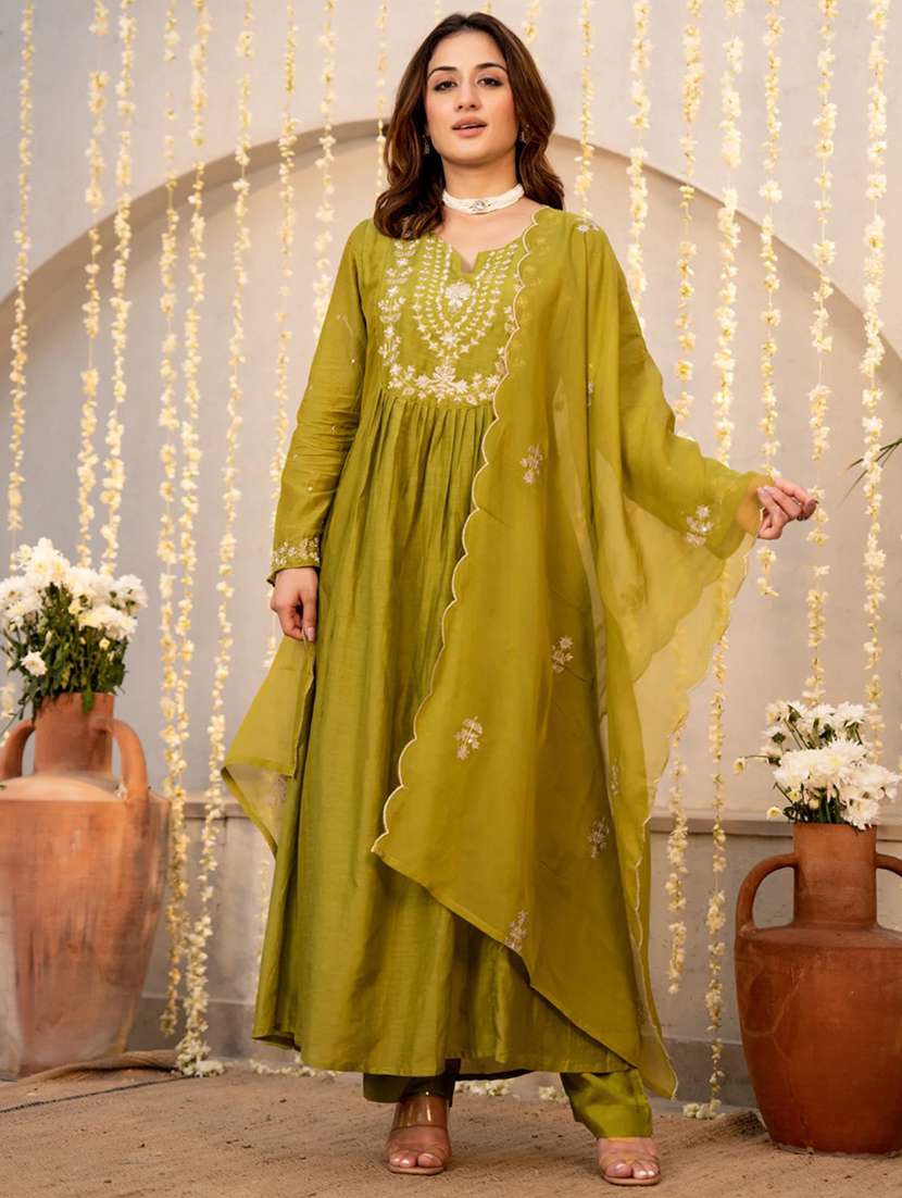 women olive chanderi flared kurta