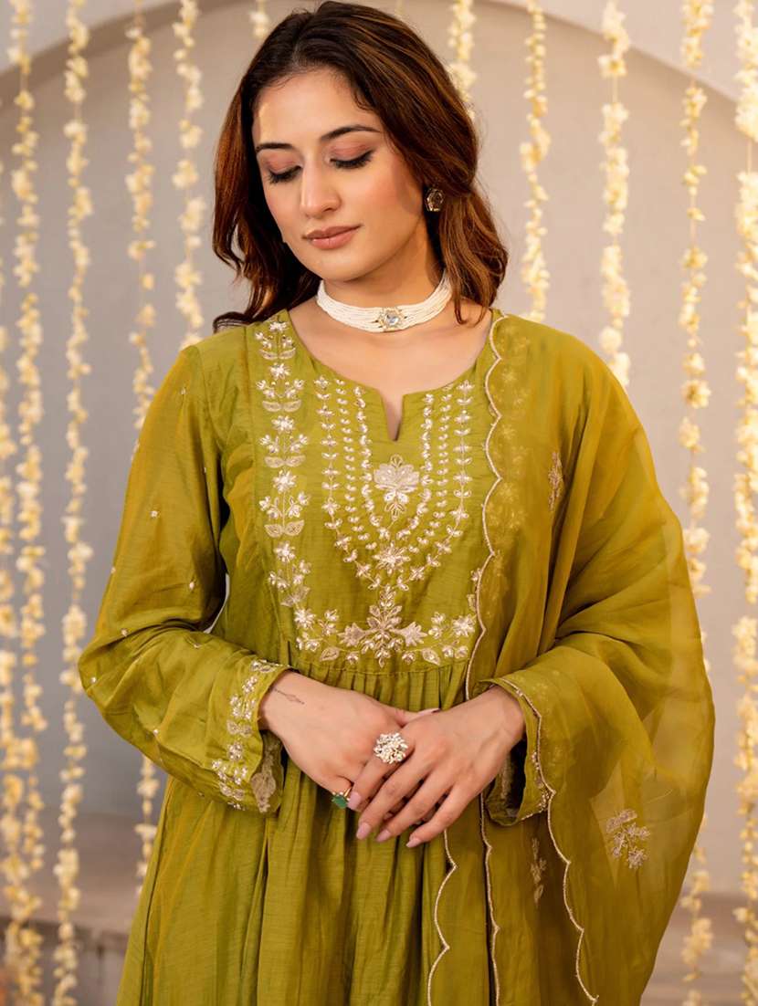 women olive chanderi flared kurta - 22455535 -  Standard Image - 1