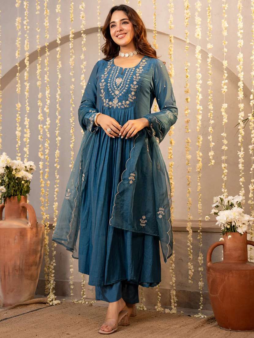 women blue chanderi flared kurta