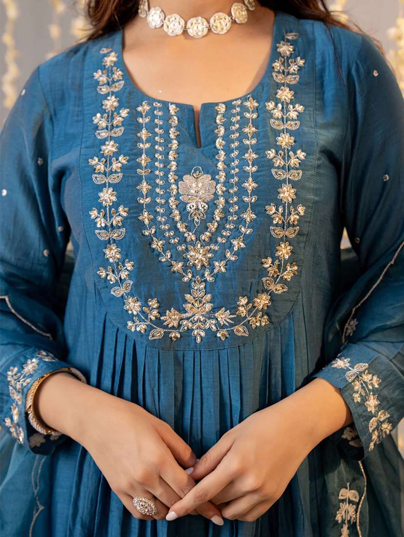 women blue chanderi flared kurta - 22455536 -  Standard Image - 1