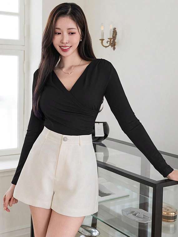 women solid long sleeve slim fit wrap top - 22455912 -  Standard Image - 1