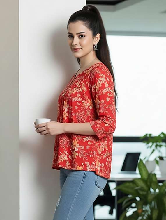 Women Red Cotton Straight Kurti - 22456057 -  Standard Image - 1