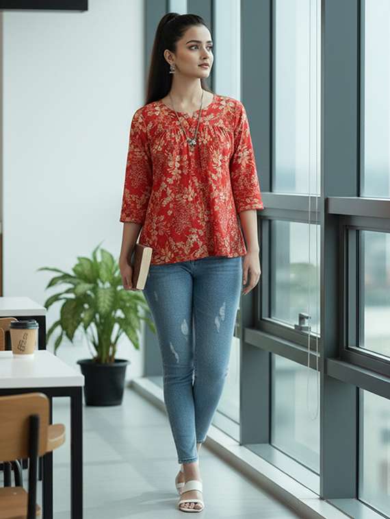 Women Red Cotton Straight Kurti - 22456057 -  Standard Image - 4
