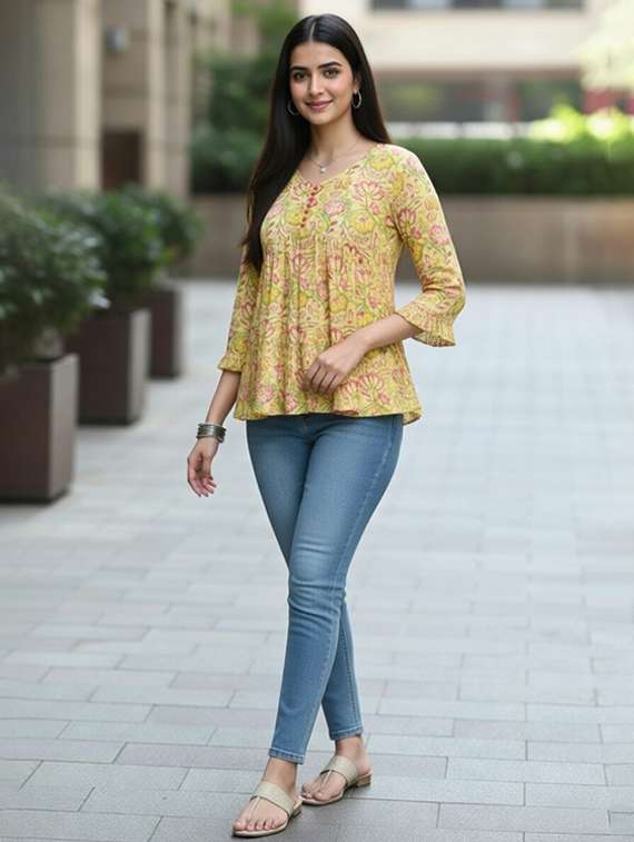 women yellow cotton straight kurti - 22456059 -  Standard Image - 4