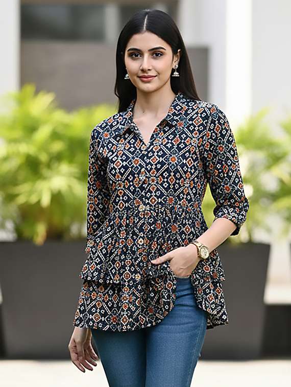 women navy blue cotton straight kurti - 22456060 -  Standard Image - 1