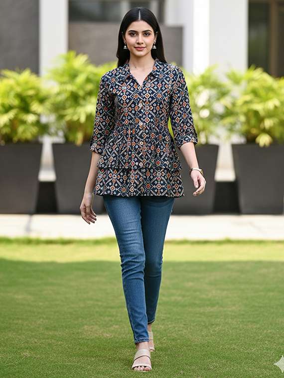 women navy blue cotton straight kurti - 22456060 -  Standard Image - 4