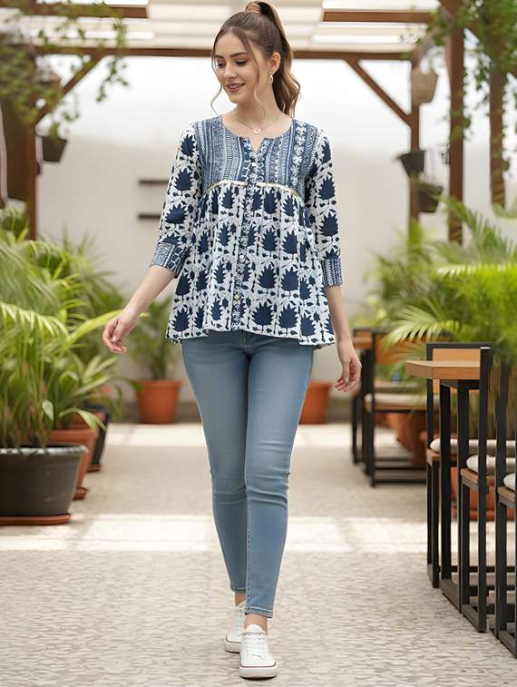 women navy blue cotton straight kurti - 22456071 -  Standard Image - 1