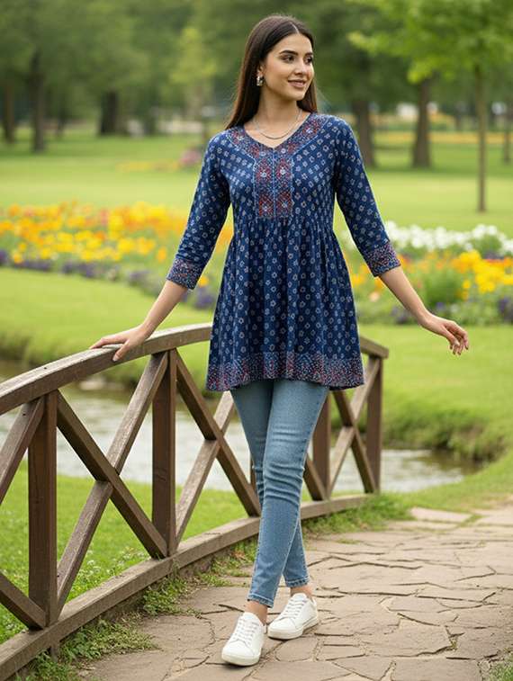 women blue cotton straight kurti - 22456075 -  Standard Image - 4