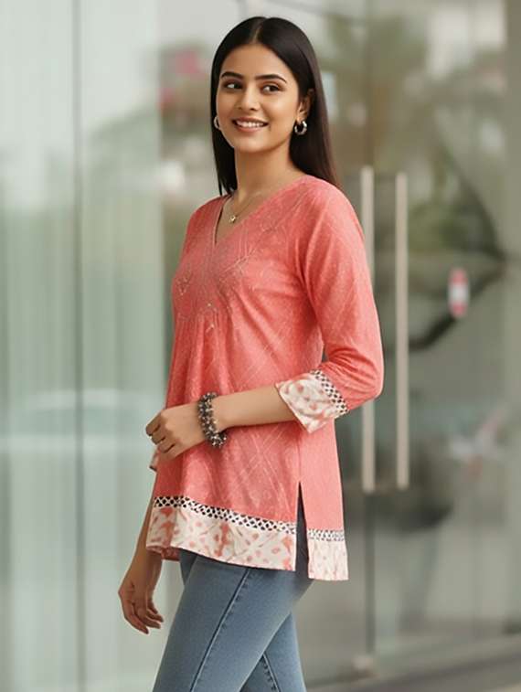 women peach cotton straight kurti - 22456084 -  Standard Image - 4
