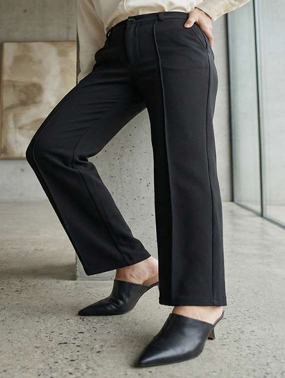 women solid mid rise pleated straight trouser - 22456090 -  Standard Image - 1