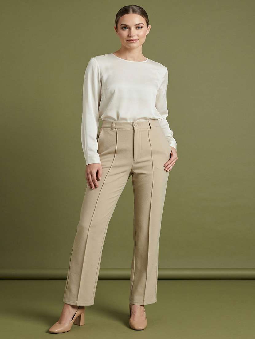 women solid mid rise pleated straight trouser - 22456091 -  Standard Image - 4