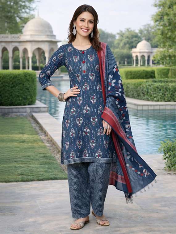 Women Blue Printed Cotton Blend Kurta Salwar Dupatta Set - 22456096 -  Standard Image - 1