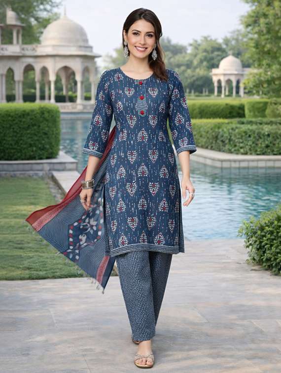 Women Blue Printed Cotton Blend Kurta Salwar Dupatta Set - 22456096 -  Standard Image - 4