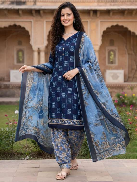women navy blue  printed kurta salwar set - 22456099 -  Standard Image - 1