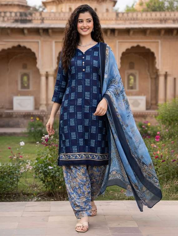 women navy blue  printed kurta salwar set - 22456099 -  Standard Image - 4