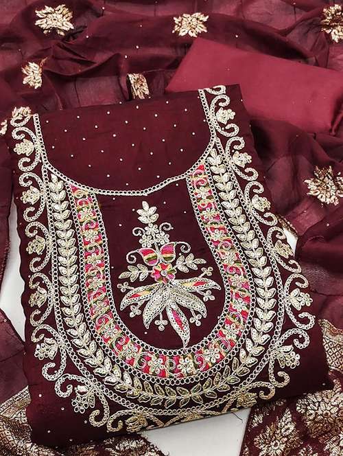 Women Solid With Work Unstitched Suit Set