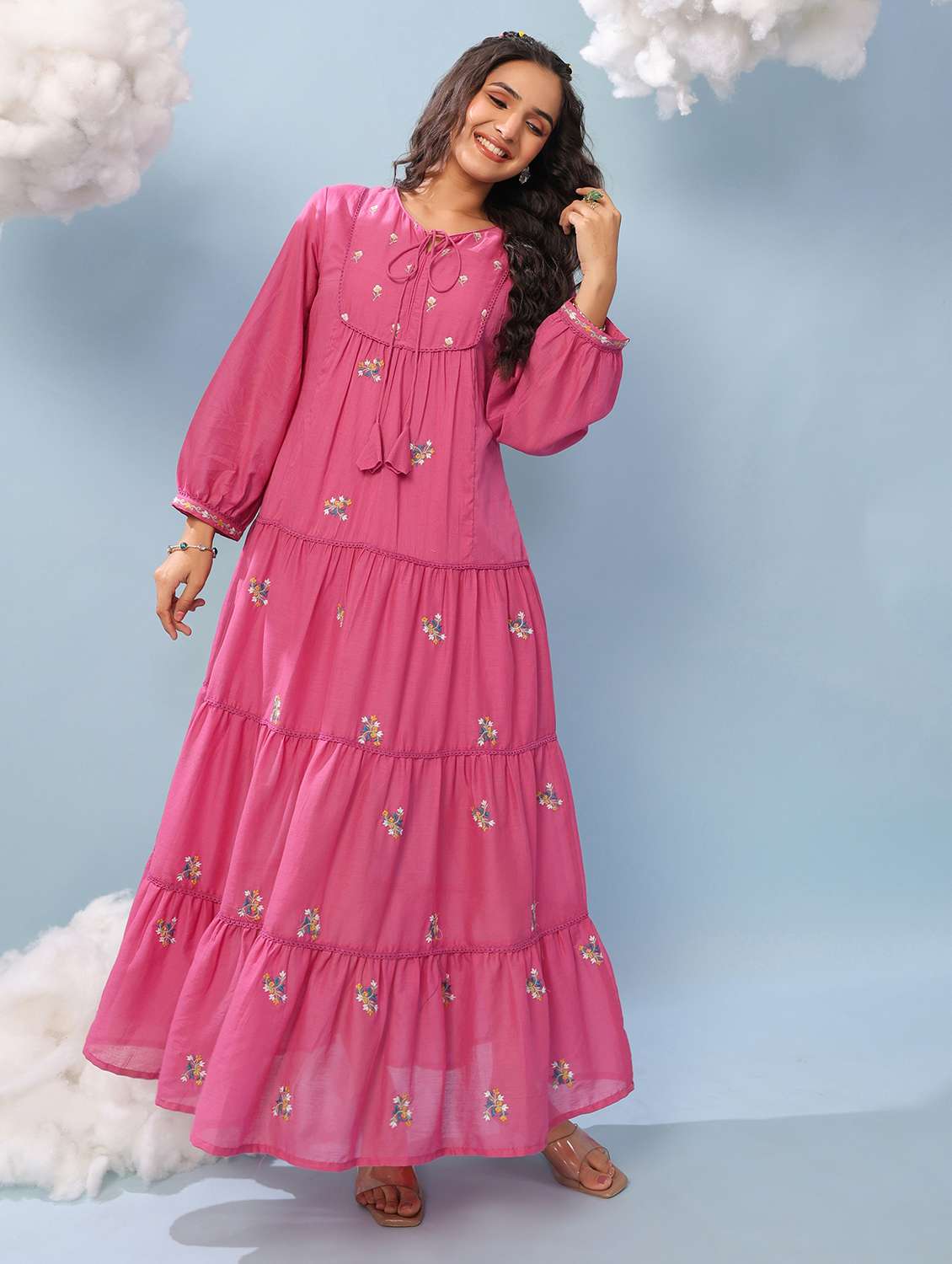 women pink tiered cotton dress