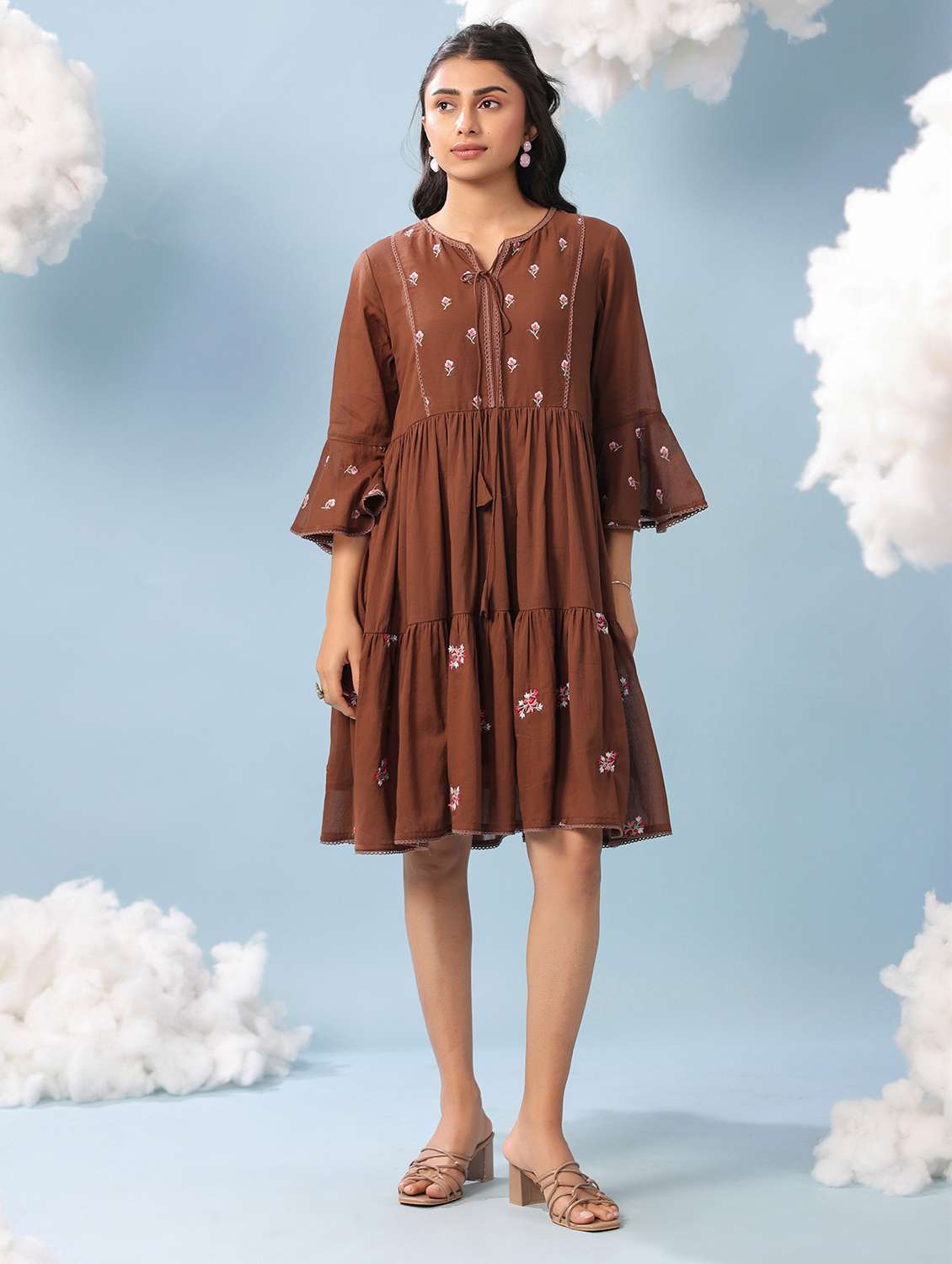 women tiered coffee brown cotton embroidered dress