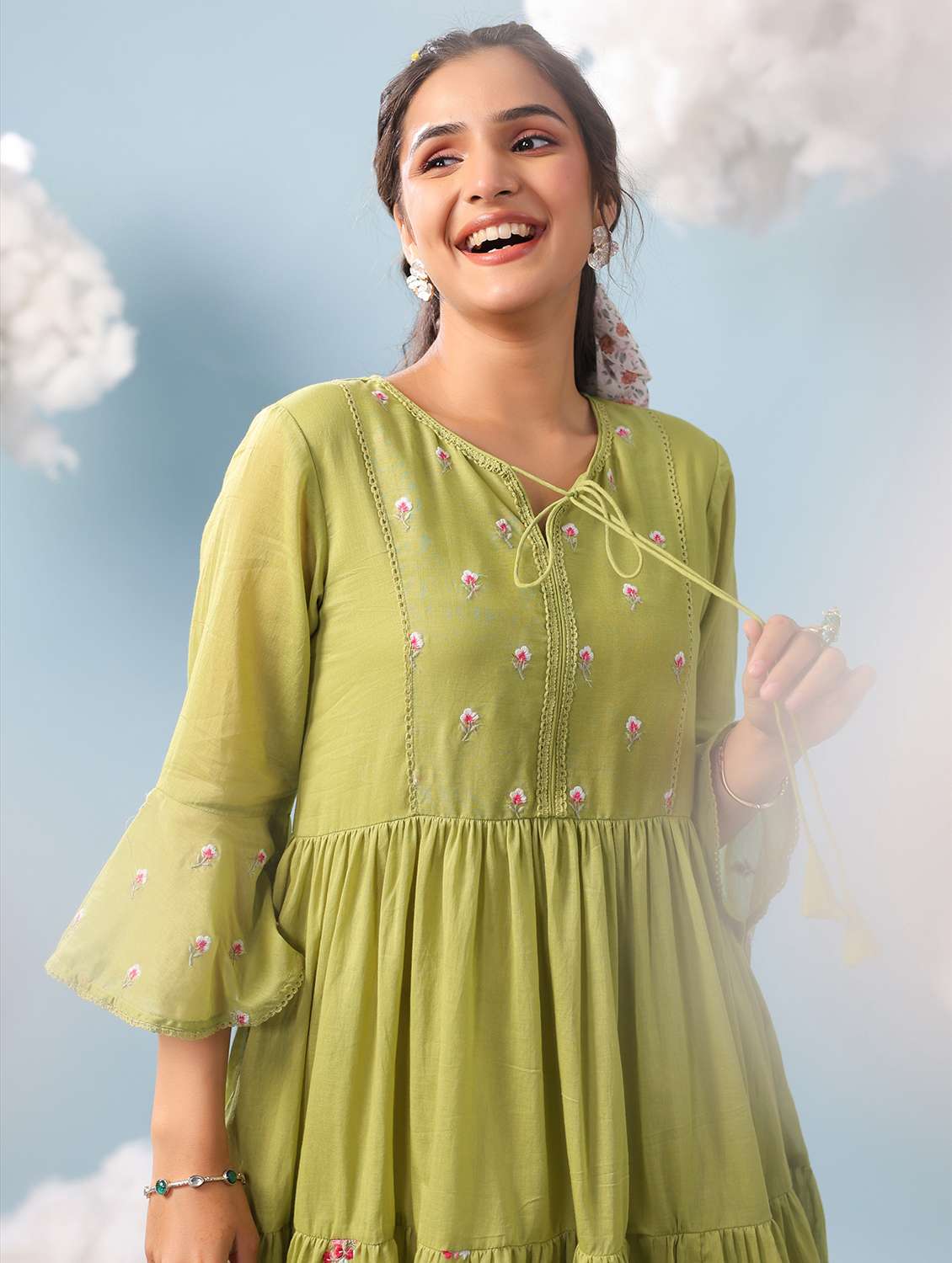 women green cotton tiered dress dress - 22456345 -  Standard Image - 1