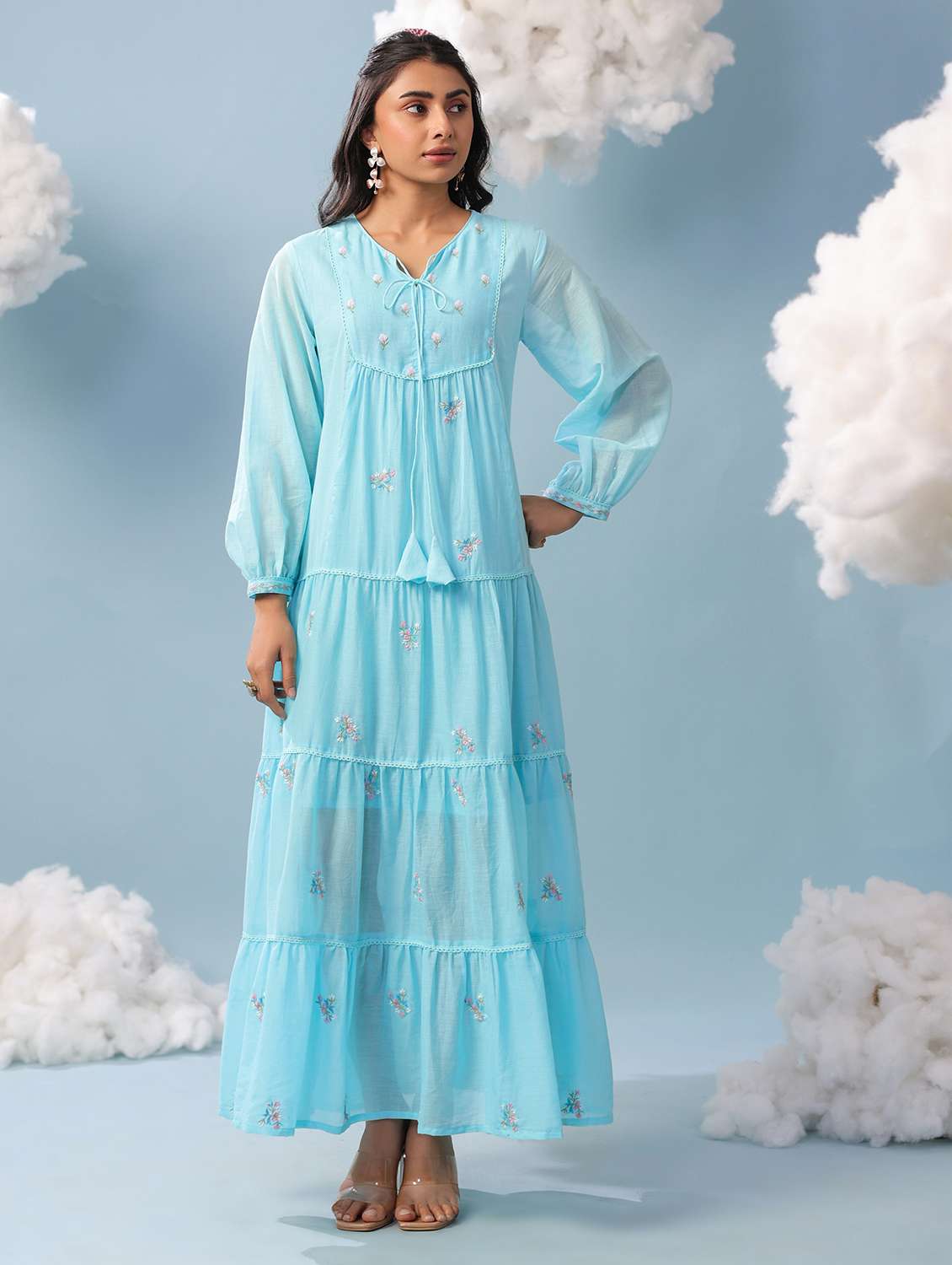 women aqua blue cotton tiered dress