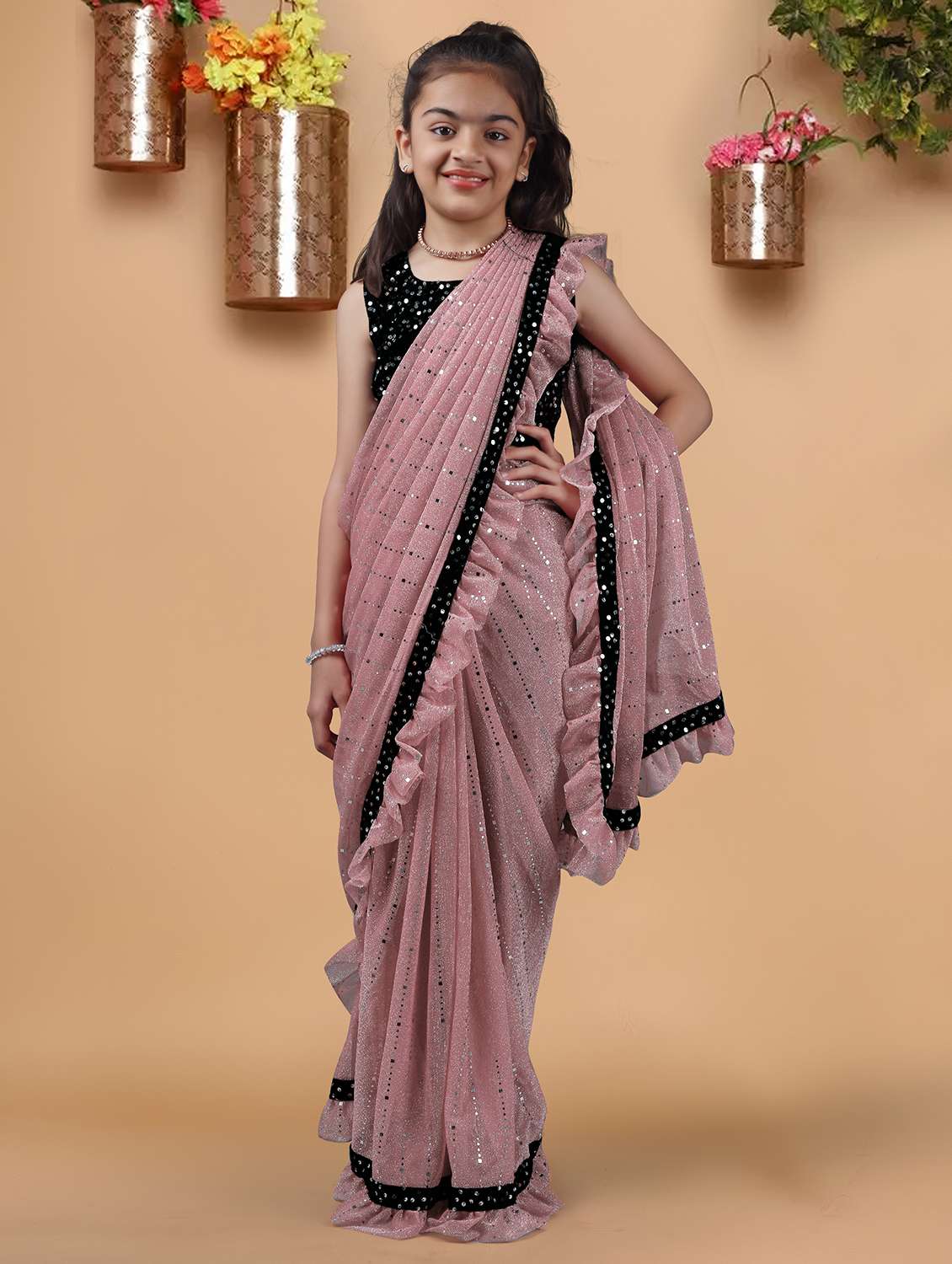 girls solid with work ready to wear saree - 22456446 -  Standard Image - 1