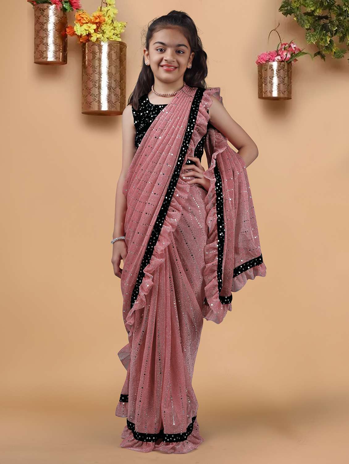 girls solid with work ready to wear saree - 22456447 -  Standard Image - 1