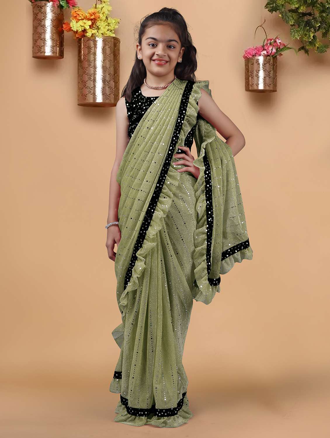 girls solid with work ready to wear saree - 22456449 -  Standard Image - 1
