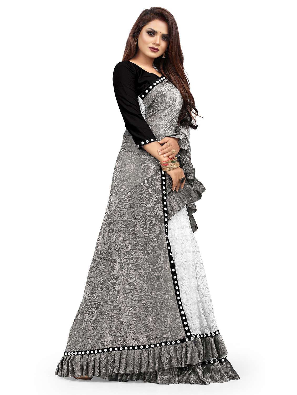 women self design half & half saree with blouse - 22456482 -  Standard Image - 1