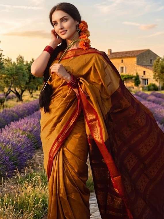 women solid with bordered saree with blouse - 22456490 -  Standard Image - 1