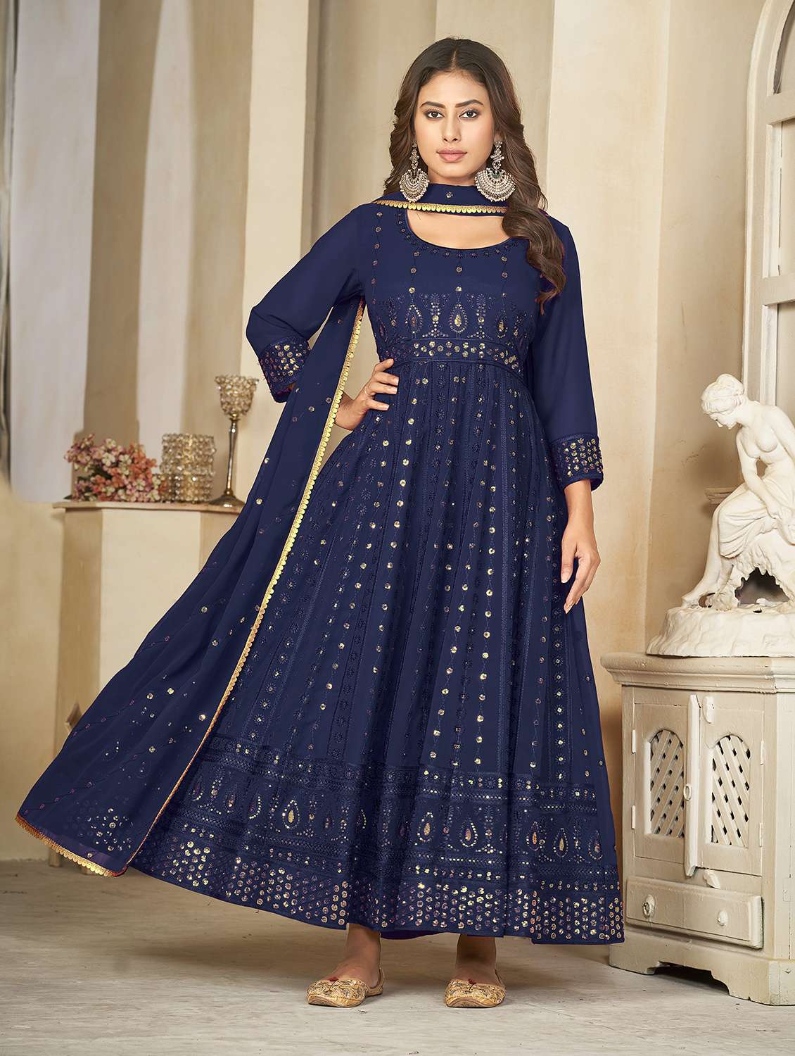 Women Solid With Work Unstitched Suit Set - 22456793 -  Standard Image - 1