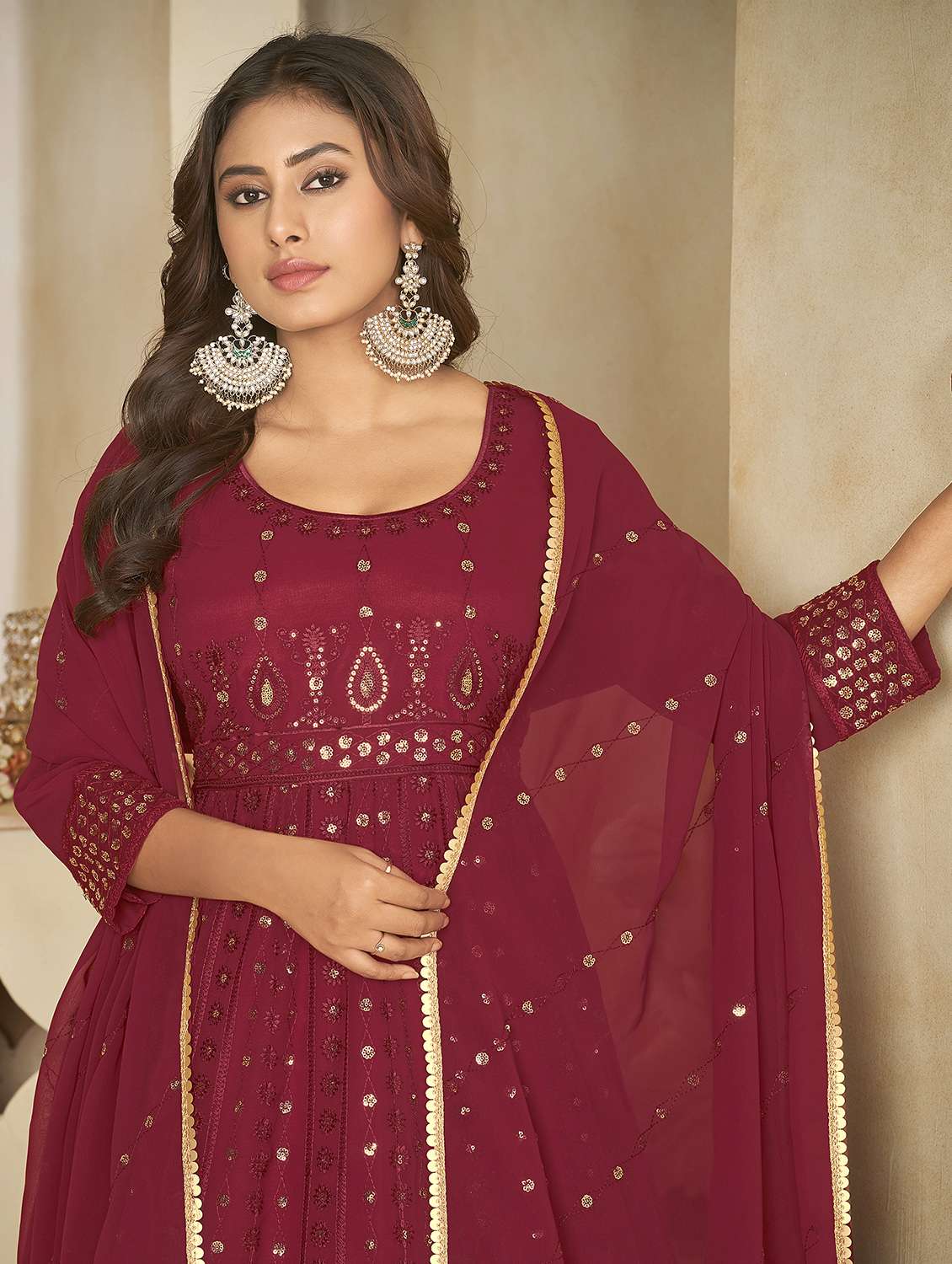 women maroon self design kurta pant set - 22456796 -  Standard Image - 1