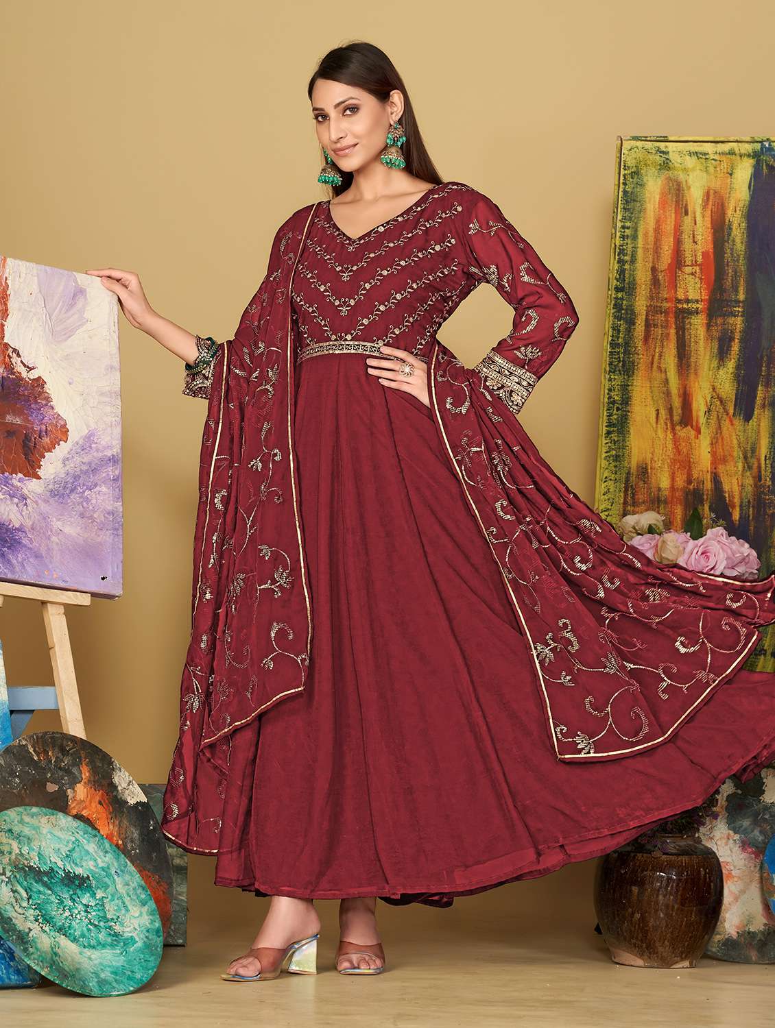 women solid with work unstitched suit set
