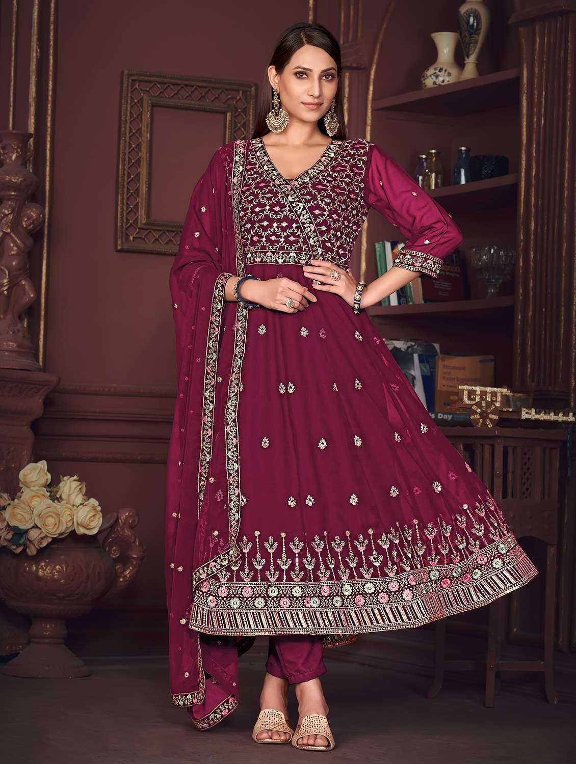 Women Solid With Work Unstitched Suit Set - 22456822 -  Standard Image - 1