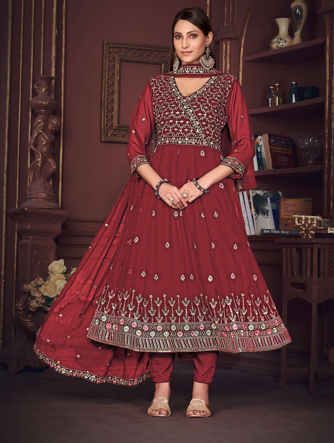 Women Solid With Work Unstitched Suit Set - 22456823 -  Standard Image - 1