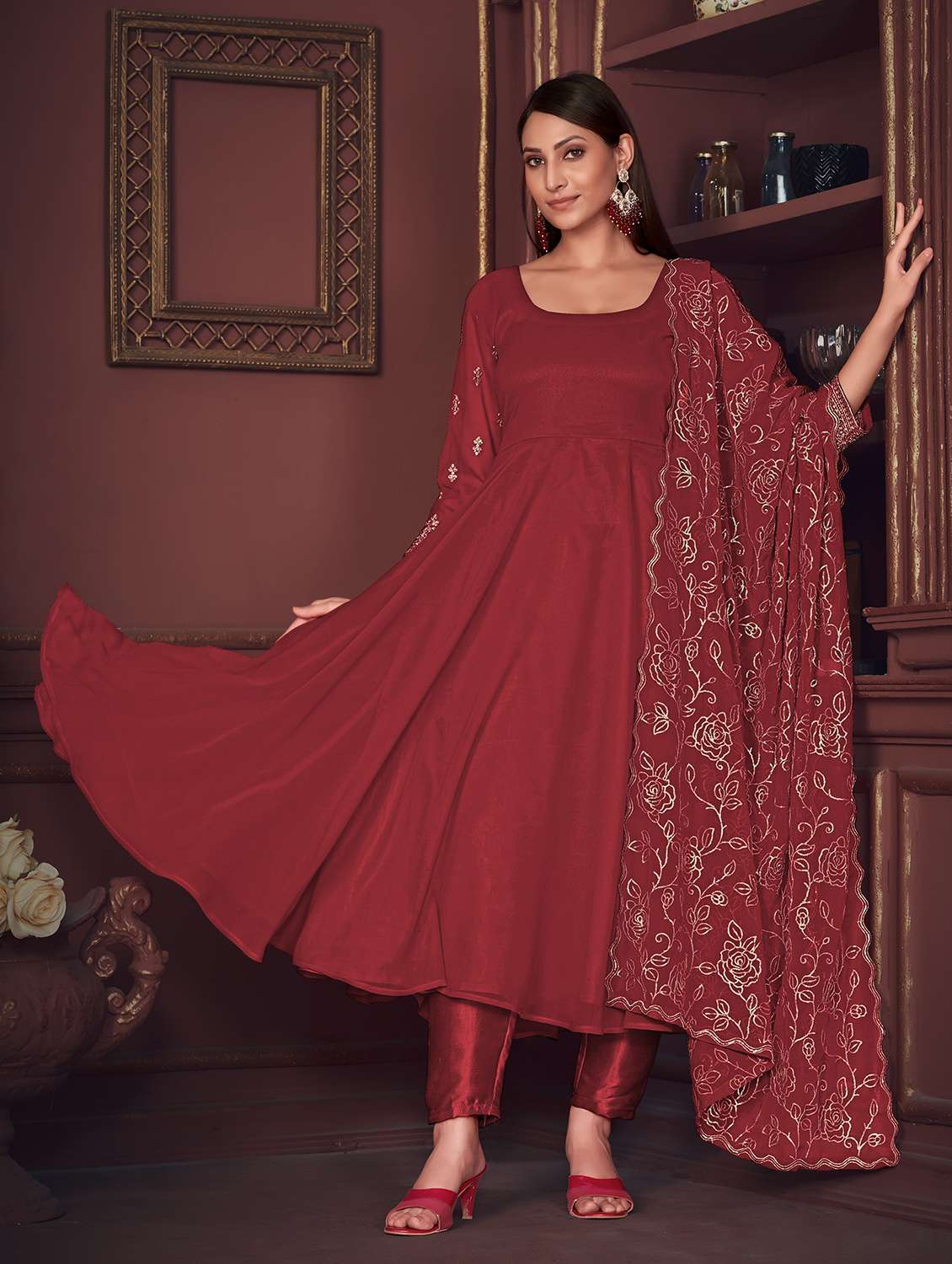 Women Solid With Work Unstitched Suit Set - 22456834 -  Standard Image - 1