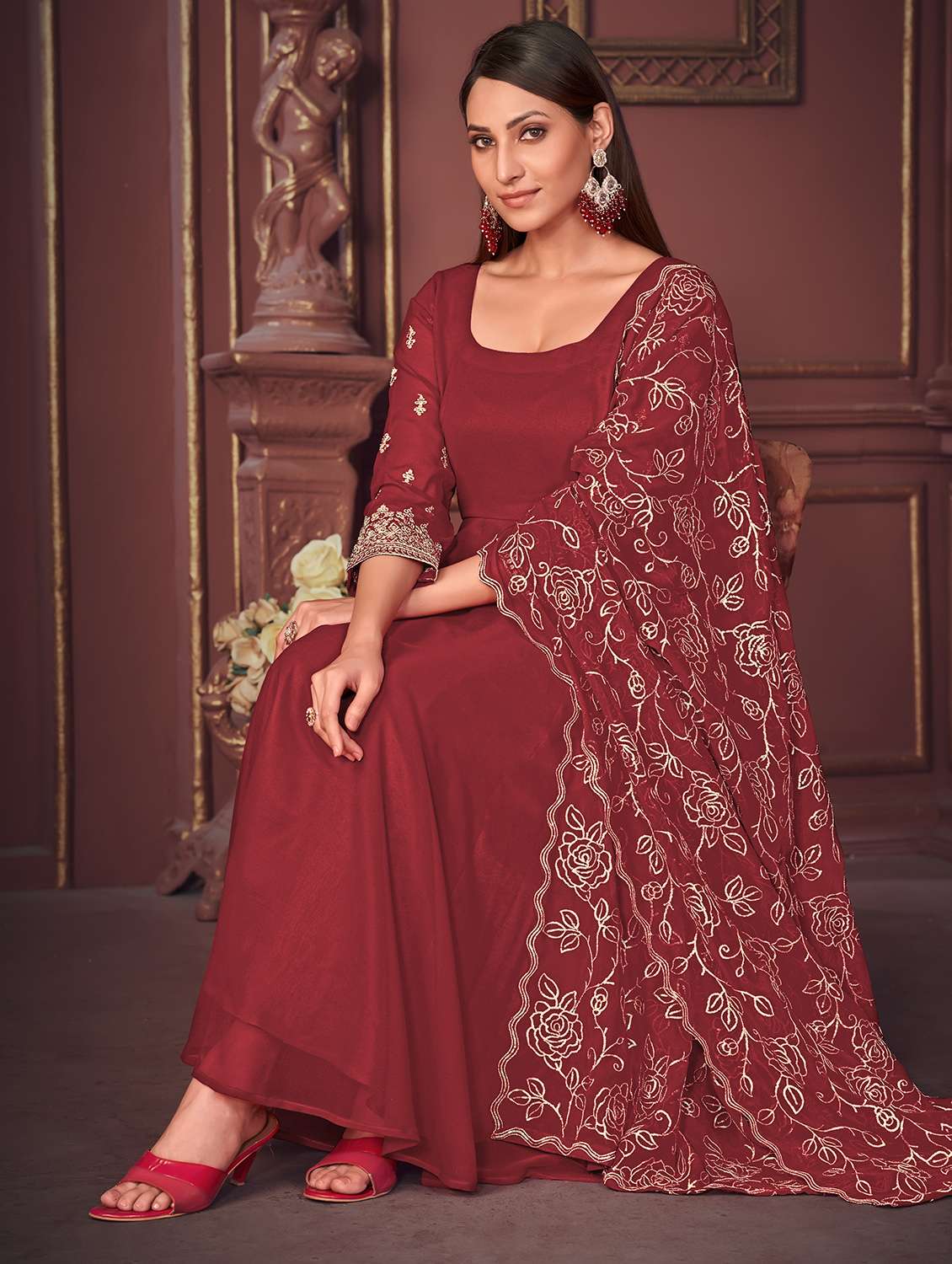 Women Solid With Work Unstitched Suit Set - 22456834 -  Standard Image - 4
