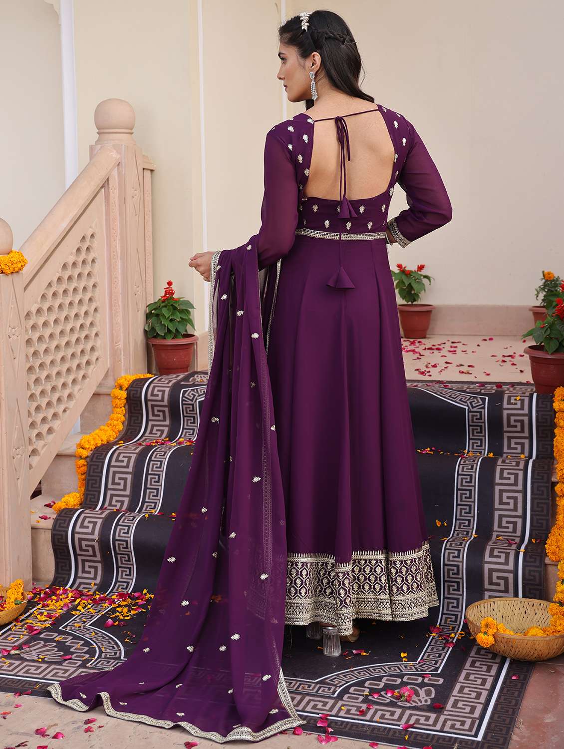 Women Solid With Work Unstitched Suit Set - 22456840 -  Standard Image - 4